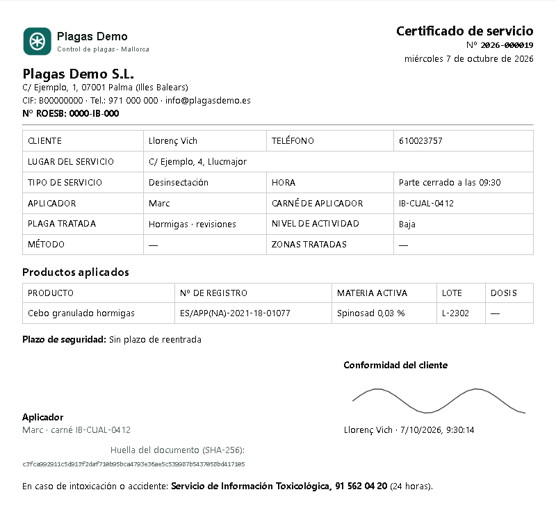 Certificado de servicio firmado por el cliente, con los productos aplicados y la huella del documento