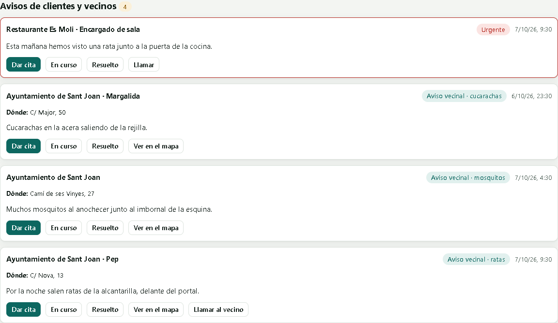 Avisos de vecinos de un ayuntamiento: tipo de plaga, dirección y los botones Dar cita, En curso, Resuelto y Ver en el mapa