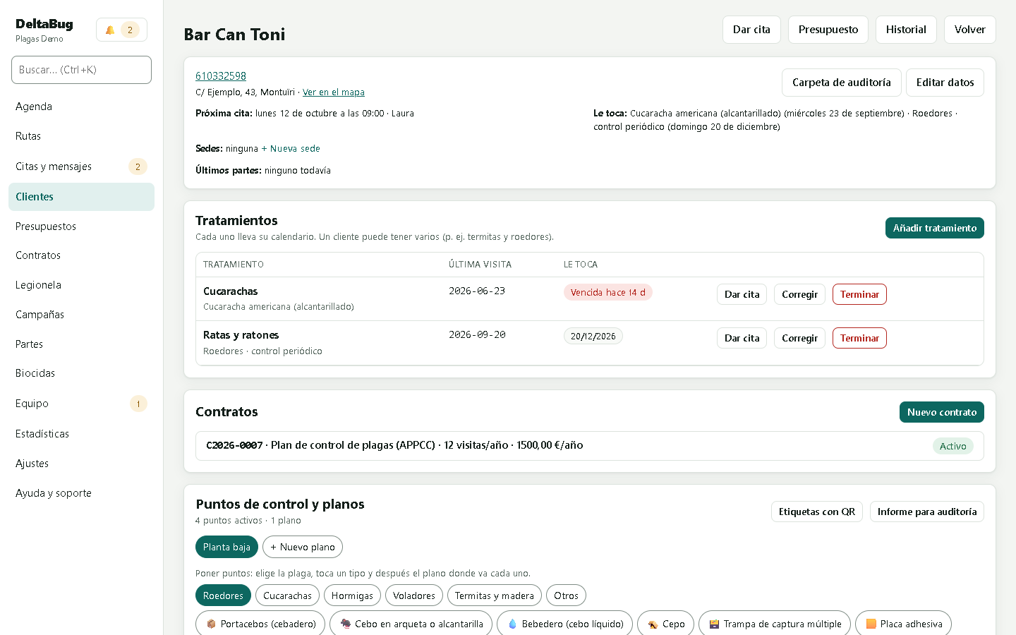 Ficha de un cliente: sus tratamientos con la última visita y cuándo le toca, su contrato y sus puntos de control sobre el plano