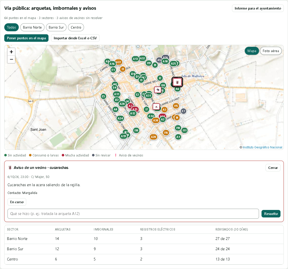 Mapa del municipio con las arquetas, los imbornales, los registros eléctricos y los avisos de los vecinos, y el aviso abierto con En curso y Resuelto