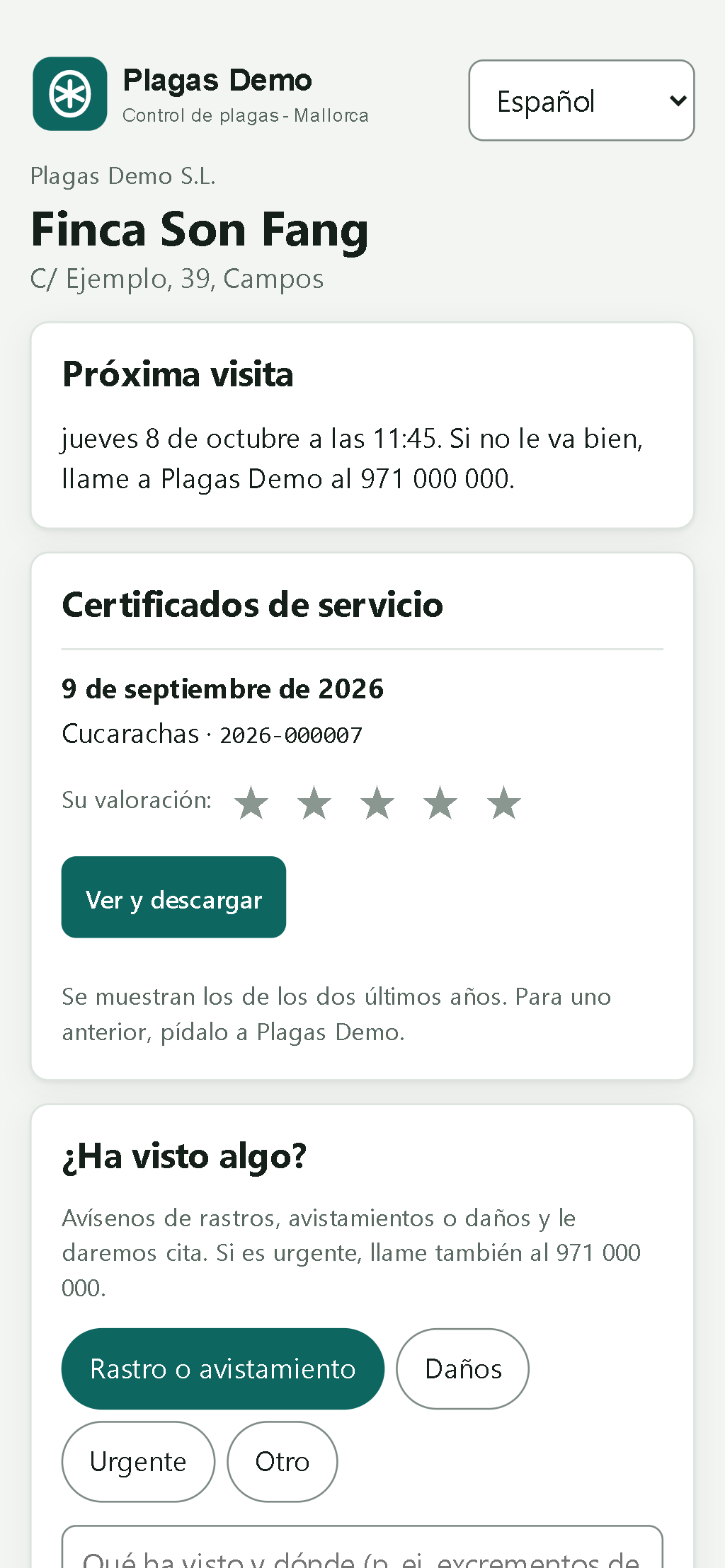 Portal del cliente en el móvil, con su próxima visita y sus certificados