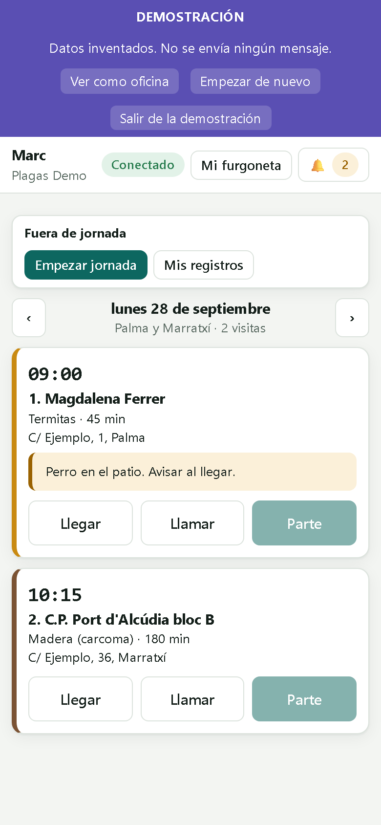 App del técnico en el móvil: visitas del día